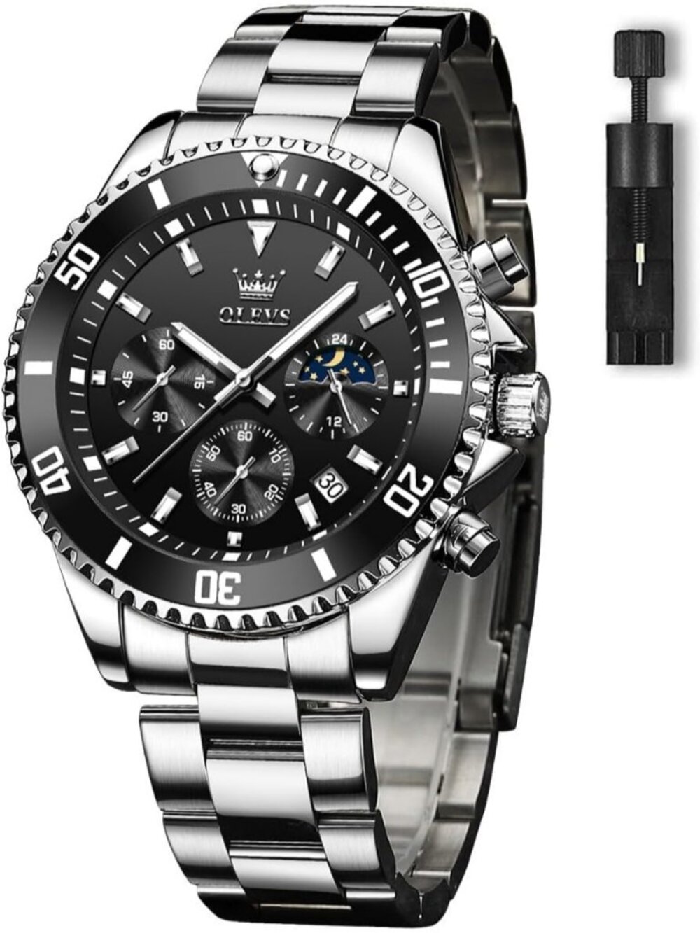 Men's Black Silver Premium Stainless Analog Rotatable Bezel Date Steel Watch